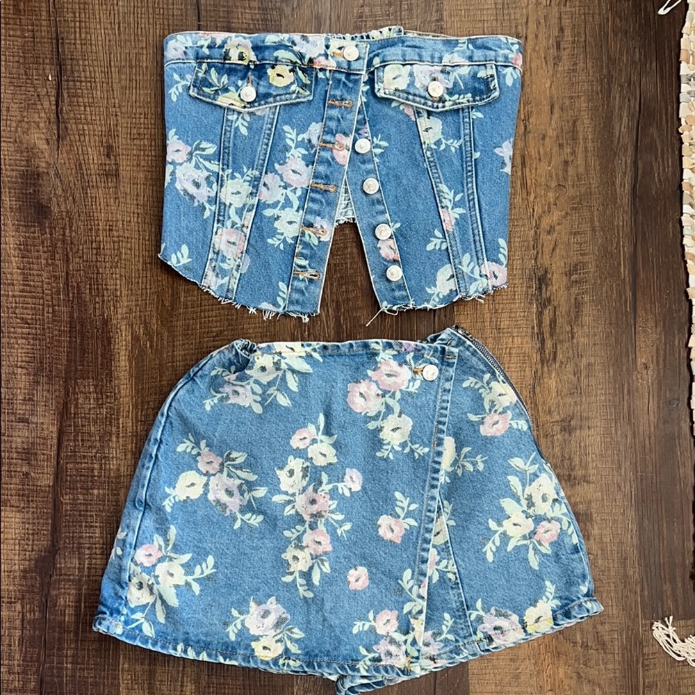 Floral Denim Corset and Skirt Set